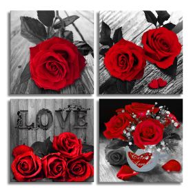 Canvas Wall Art Red Rose Painting Black and White Wall Art Flower Pictures Canvas Print for Living Room Bedroom Wall Decorations 4 Pieces