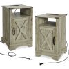 Farmhouse Nightstand Side Table, Wooden Rustic End Table, Tall Bedside Table with Electrical Outlets Charging Station (2 Sets) - Light Gray