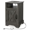 Farmhouse Nightstand Side Table, Wooden Rustic End Table, Tall Bedside Table with Electrical Outlets Charging Station - Dark Gray