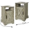 Farmhouse Nightstand Side Table, Wooden Rustic End Table, Tall Bedside Table with Electrical Outlets Charging Station (2 Sets) - Light Gray