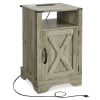 Farmhouse Nightstand Side Table, Wooden Rustic End Table, Tall Bedside Table with Electrical Outlets Charging Station - Light Grey